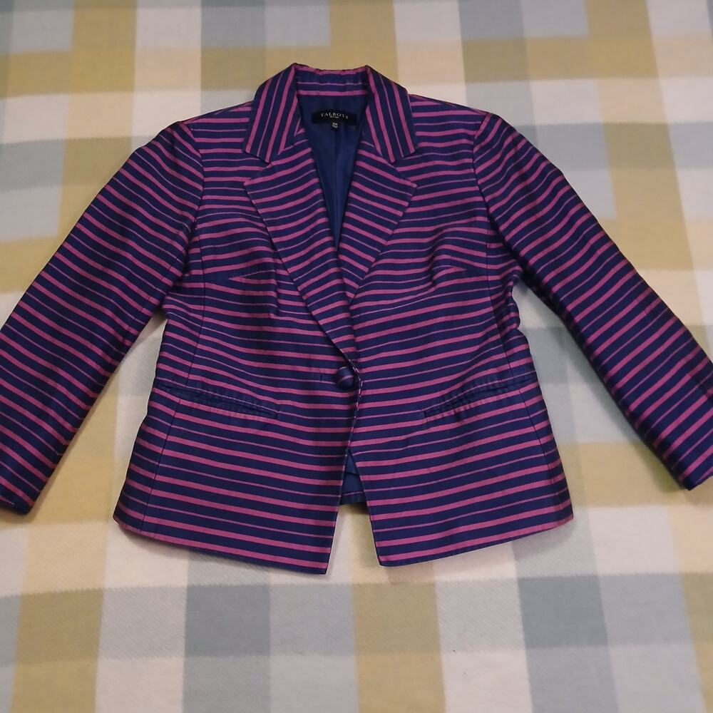 Talbots Grace Fit Silk Blend Blazer Jacket Sz 10p Pink Blue Striped Career Work